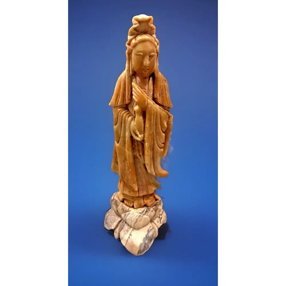 Chinese Celadon Soapstone Figure Of Kuan Yin, Early 20th Century 10”